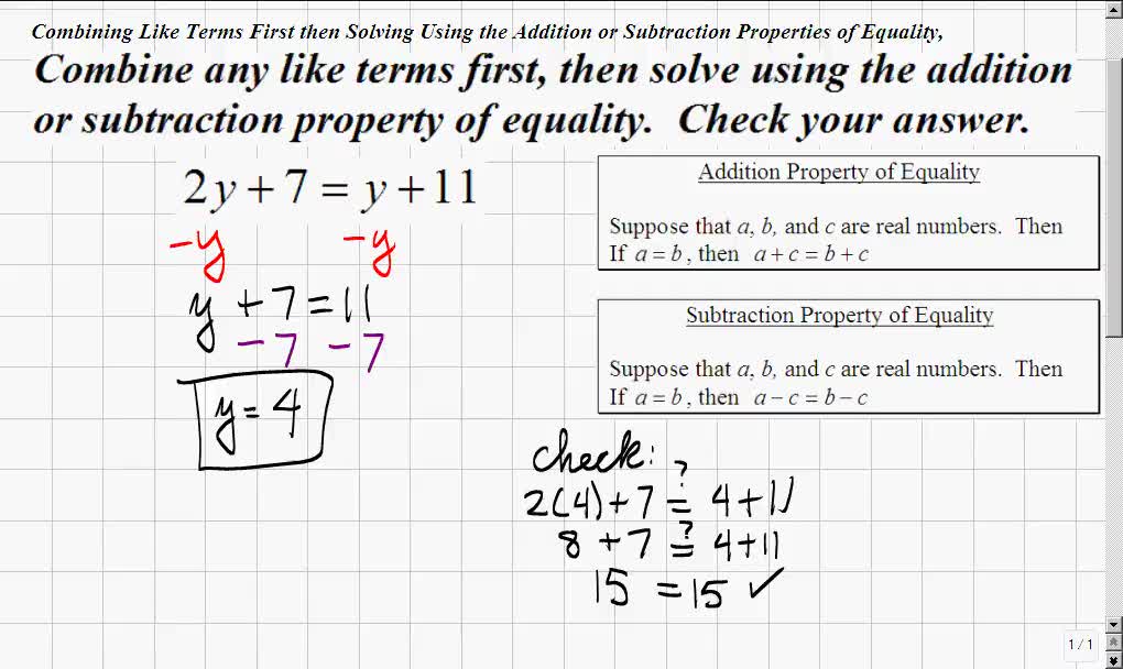 classroom elementary algebra combining like terms first property of equality